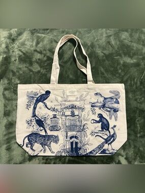 Sezane Cream Canvas Tote with Navy Animal Print